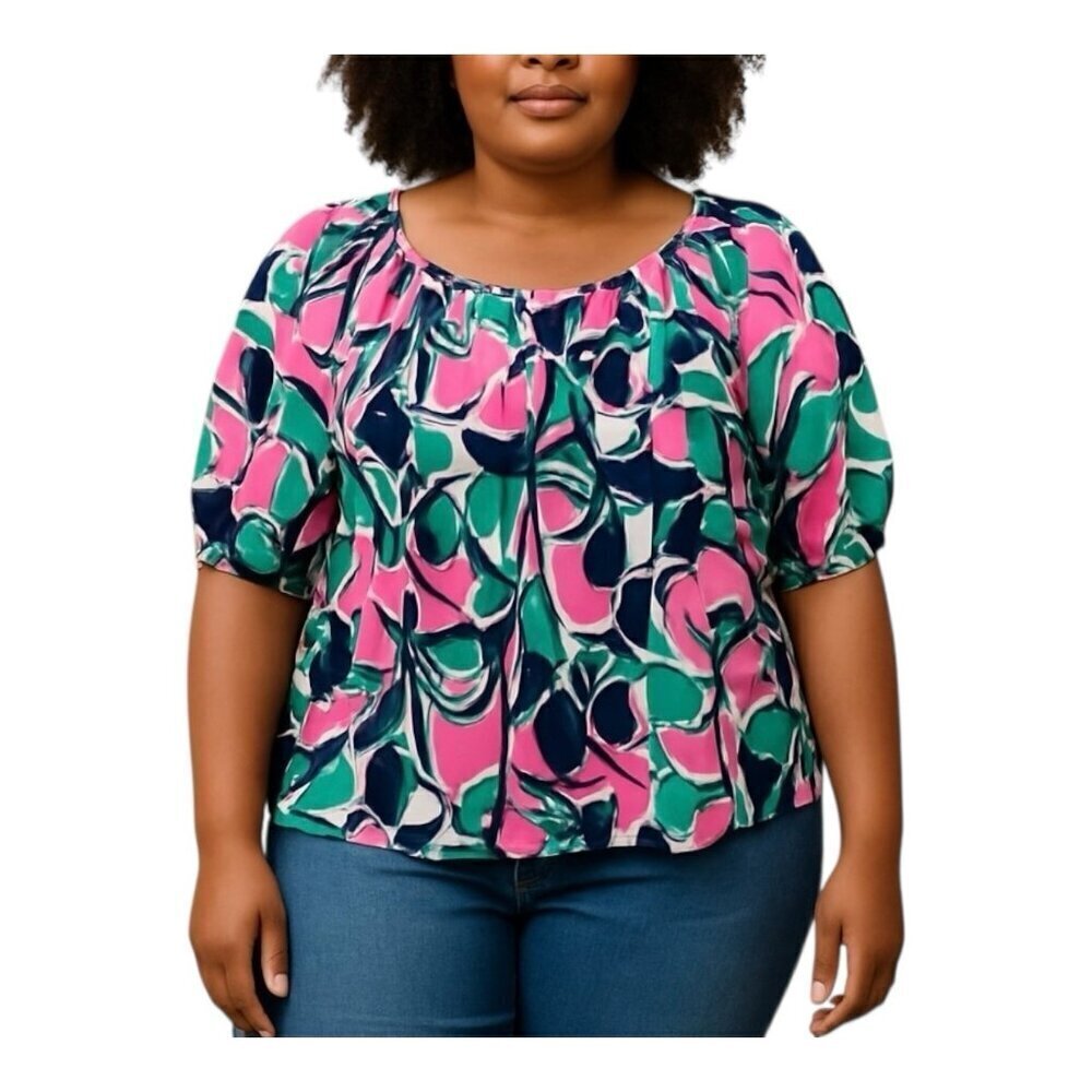 Counterparts 3/4 Sleeve Multicolor Tunic Top XL V-Neck Colorful Pink Blue Green